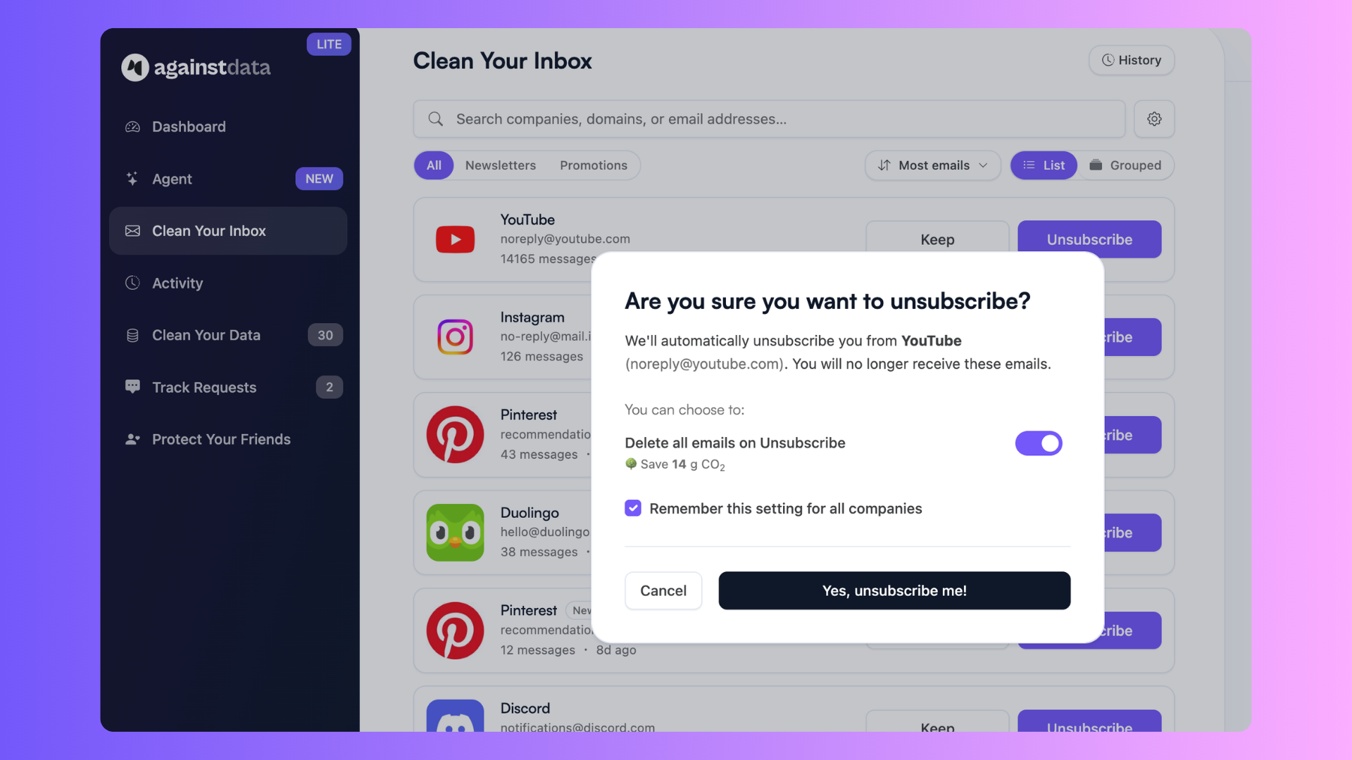 Clean your gmail inbox with AgainstData